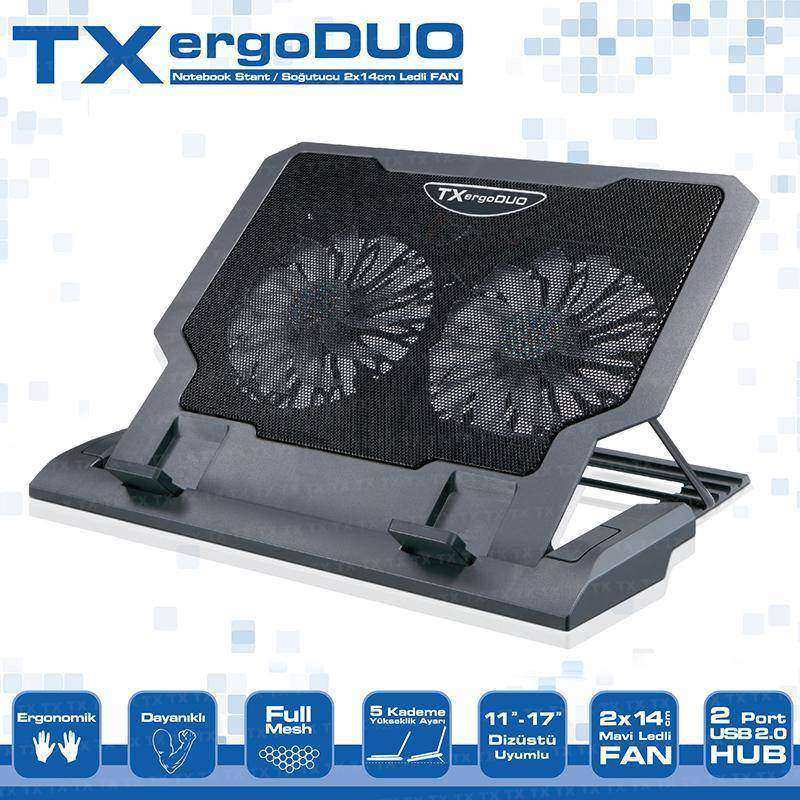 TX TXACNBERGDUO 11- 17 Arası 2x14cm Ledli Fan + 5 Kademe Notebook Soğutucu Stand